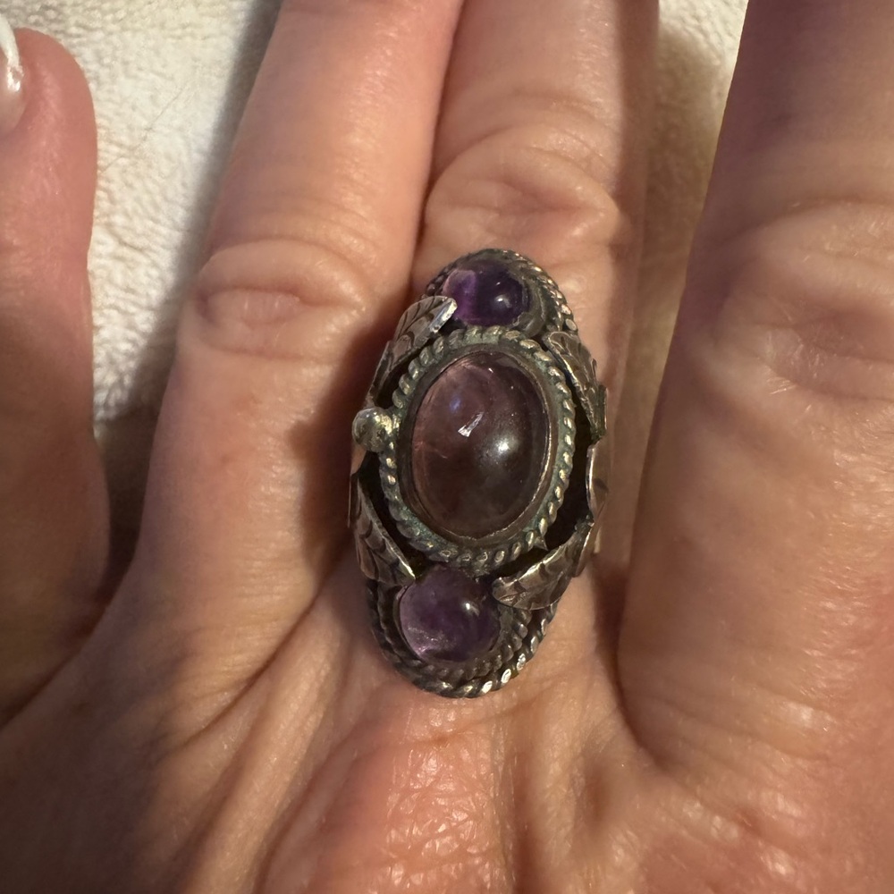 Signed Sterling Silver Ring With Three Amethyst S… - image 1